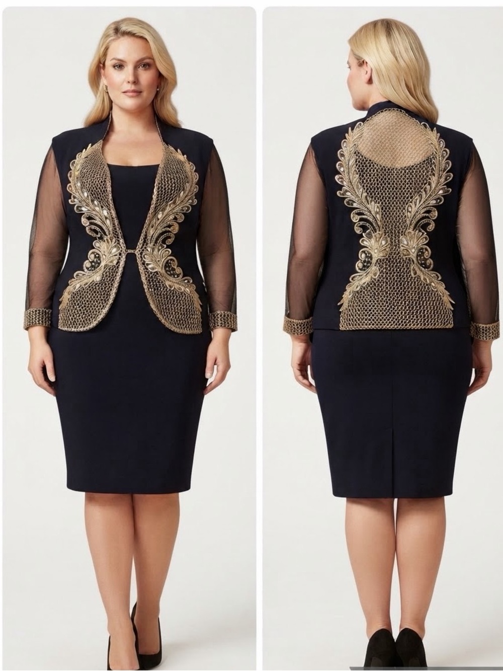 NEW WOMEN PLUS SIZE SKIRT SUIT 3PC BLAZER/SKIRT/TOP NAVY BLUE FORMAL RHINESTONE